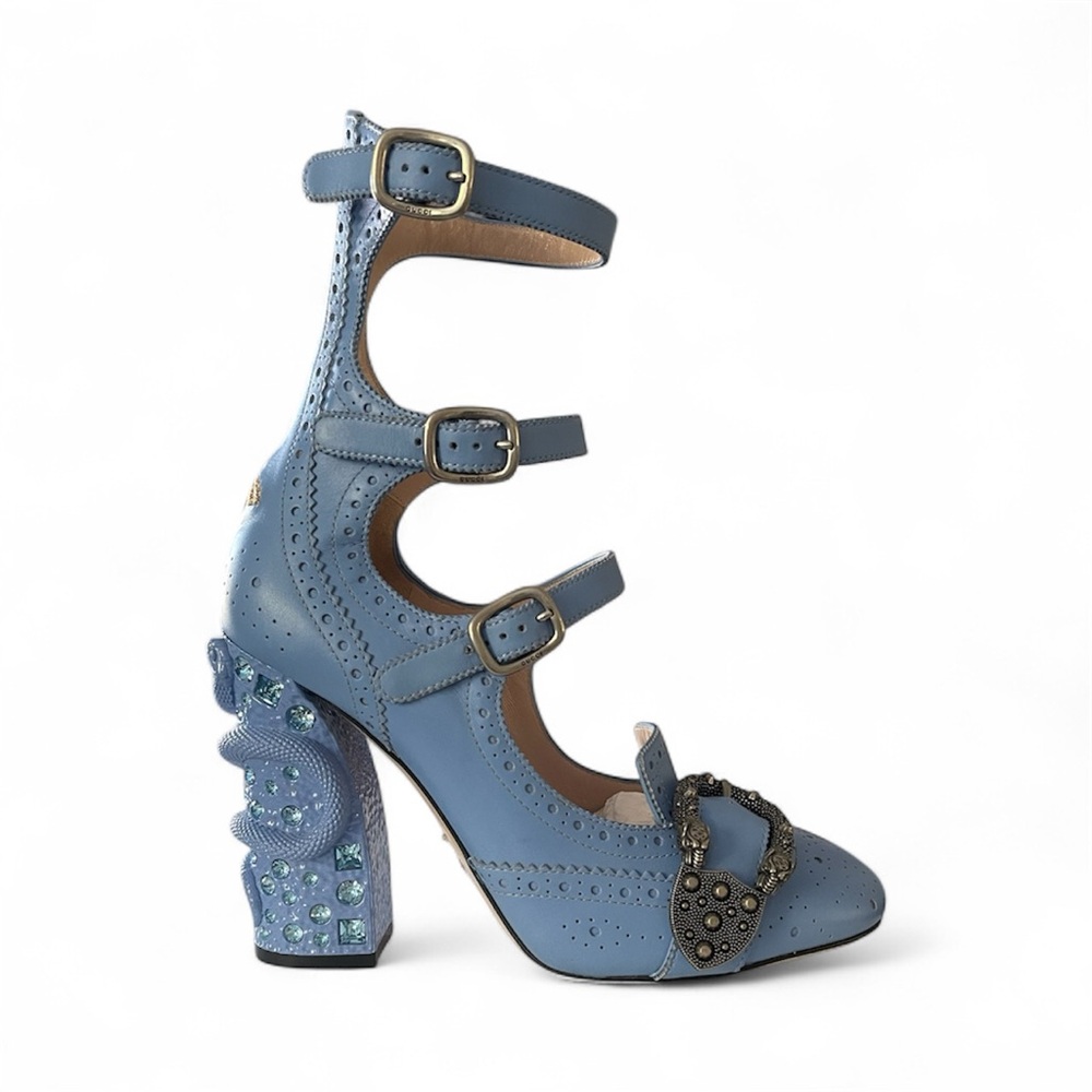 Brand new never been worn Gucci Blue Embellished Heels with Buckle Straps
